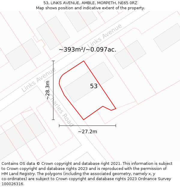 53, LINKS AVENUE, AMBLE, MORPETH, NE65 0RZ: Plot and title map