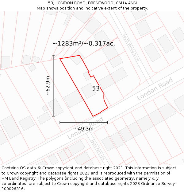 53, LONDON ROAD, BRENTWOOD, CM14 4NN: Plot and title map