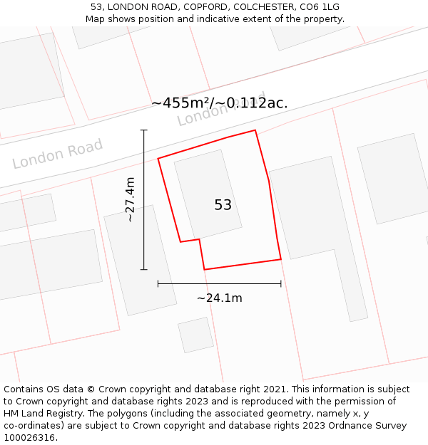 53, LONDON ROAD, COPFORD, COLCHESTER, CO6 1LG: Plot and title map