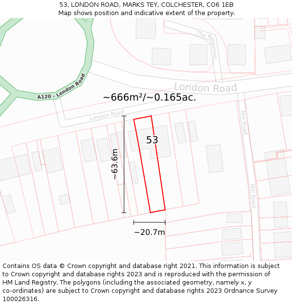 53, LONDON ROAD, MARKS TEY, COLCHESTER, CO6 1EB: Plot and title map