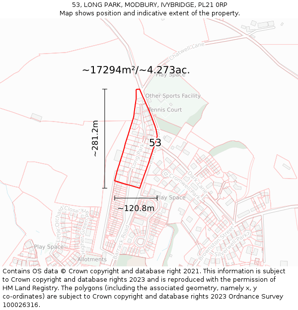 53, LONG PARK, MODBURY, IVYBRIDGE, PL21 0RP: Plot and title map