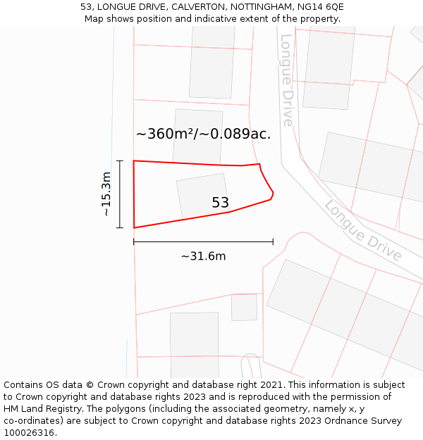 53, LONGUE DRIVE, CALVERTON, NOTTINGHAM, NG14 6QE: Plot and title map