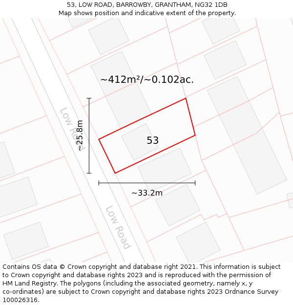 53, LOW ROAD, BARROWBY, GRANTHAM, NG32 1DB: Plot and title map