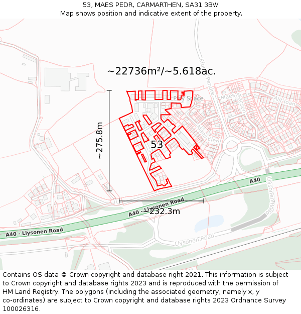 53, MAES PEDR, CARMARTHEN, SA31 3BW: Plot and title map