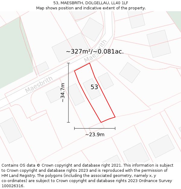 53, MAESBRITH, DOLGELLAU, LL40 1LF: Plot and title map