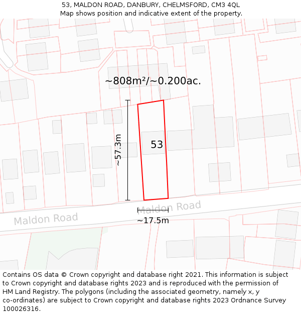 53, MALDON ROAD, DANBURY, CHELMSFORD, CM3 4QL: Plot and title map