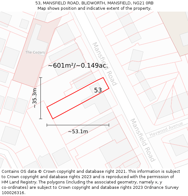 53, MANSFIELD ROAD, BLIDWORTH, MANSFIELD, NG21 0RB: Plot and title map