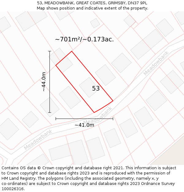 53, MEADOWBANK, GREAT COATES, GRIMSBY, DN37 9PL: Plot and title map