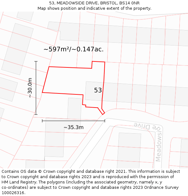 53, MEADOWSIDE DRIVE, BRISTOL, BS14 0NR: Plot and title map