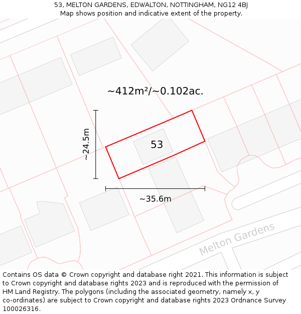 53, MELTON GARDENS, EDWALTON, NOTTINGHAM, NG12 4BJ: Plot and title map