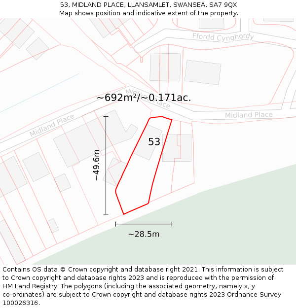 53, MIDLAND PLACE, LLANSAMLET, SWANSEA, SA7 9QX: Plot and title map