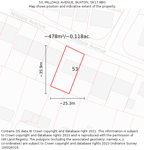 53, MILLDALE AVENUE, BUXTON, SK17 9BG: Plot and title map