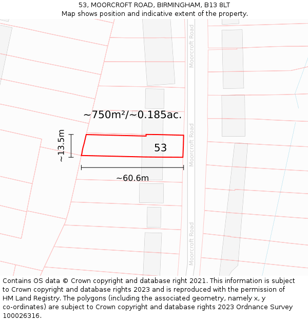 53, MOORCROFT ROAD, BIRMINGHAM, B13 8LT: Plot and title map