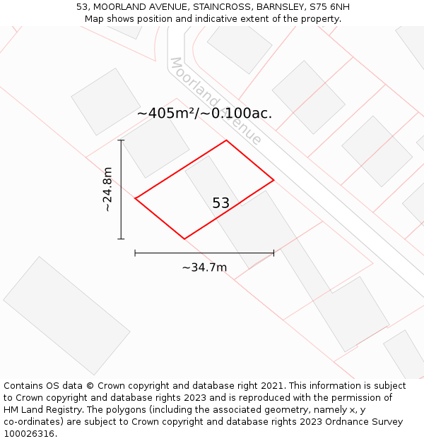 53, MOORLAND AVENUE, STAINCROSS, BARNSLEY, S75 6NH: Plot and title map