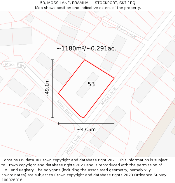 53, MOSS LANE, BRAMHALL, STOCKPORT, SK7 1EQ: Plot and title map