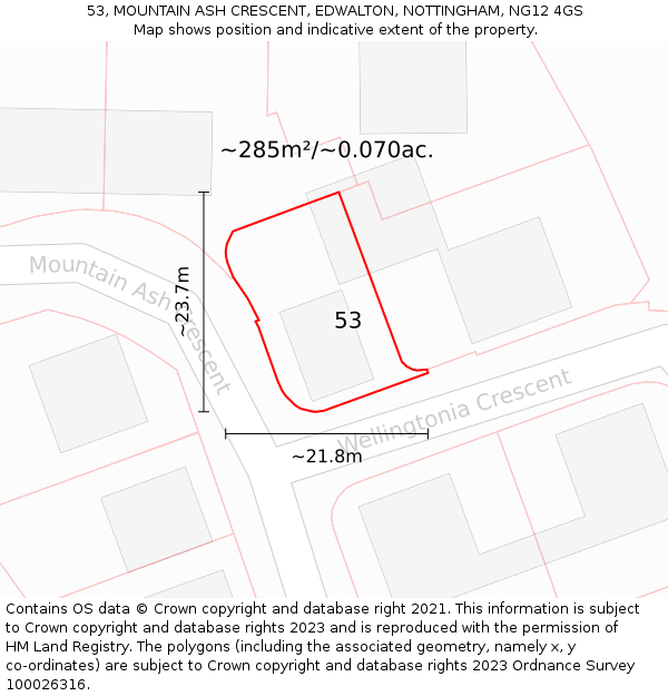 53, MOUNTAIN ASH CRESCENT, EDWALTON, NOTTINGHAM, NG12 4GS: Plot and title map