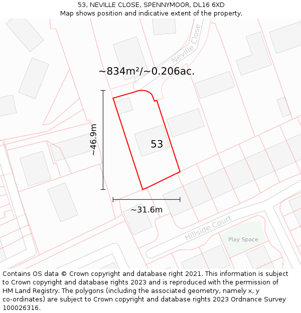 53, NEVILLE CLOSE, SPENNYMOOR, DL16 6XD: Plot and title map