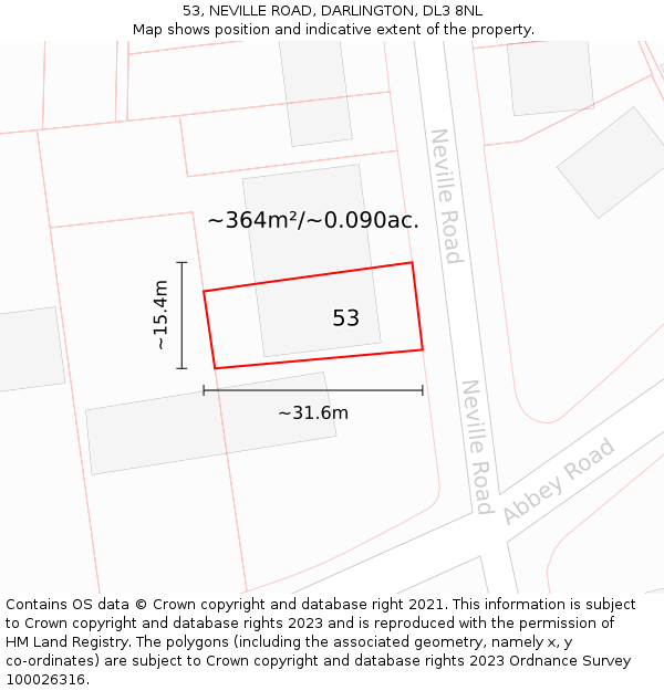 53, NEVILLE ROAD, DARLINGTON, DL3 8NL: Plot and title map