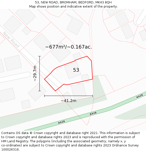 53, NEW ROAD, BROMHAM, BEDFORD, MK43 8QH: Plot and title map