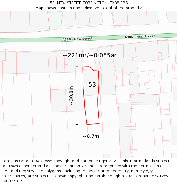 53, NEW STREET, TORRINGTON, EX38 8BS: Plot and title map