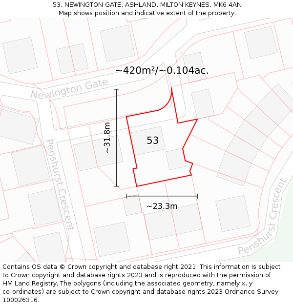 53, NEWINGTON GATE, ASHLAND, MILTON KEYNES, MK6 4AN: Plot and title map