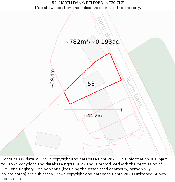 53, NORTH BANK, BELFORD, NE70 7LZ: Plot and title map