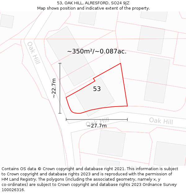 53, OAK HILL, ALRESFORD, SO24 9JZ: Plot and title map