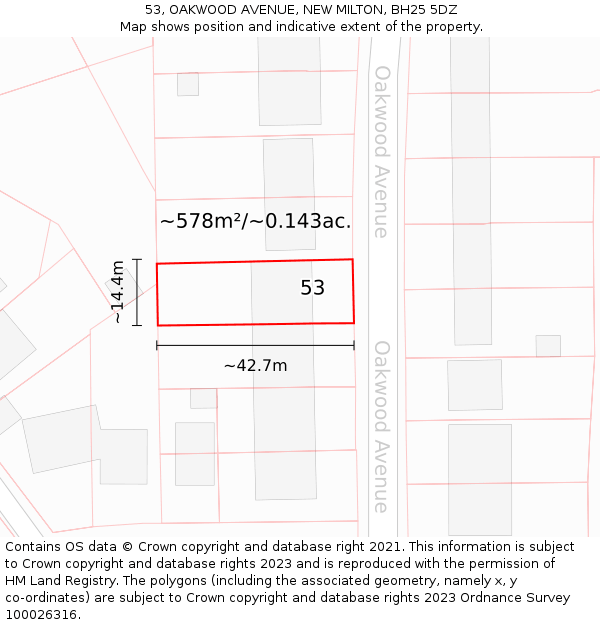 53, OAKWOOD AVENUE, NEW MILTON, BH25 5DZ: Plot and title map