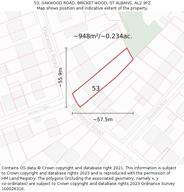 53, OAKWOOD ROAD, BRICKET WOOD, ST ALBANS, AL2 3PZ: Plot and title map