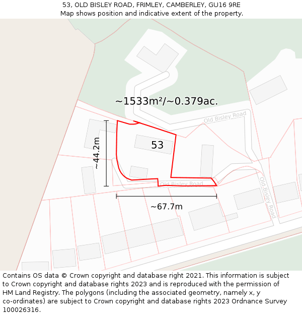 53, OLD BISLEY ROAD, FRIMLEY, CAMBERLEY, GU16 9RE: Plot and title map