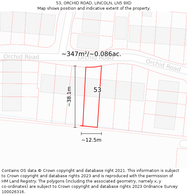 53, ORCHID ROAD, LINCOLN, LN5 9XD: Plot and title map