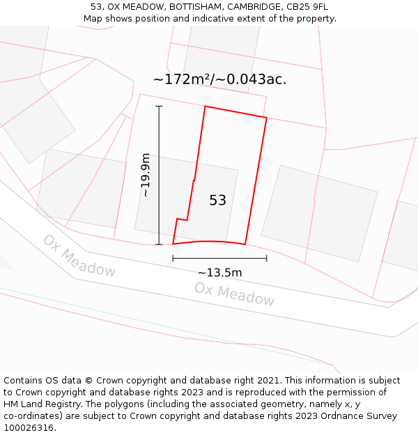 53, OX MEADOW, BOTTISHAM, CAMBRIDGE, CB25 9FL: Plot and title map