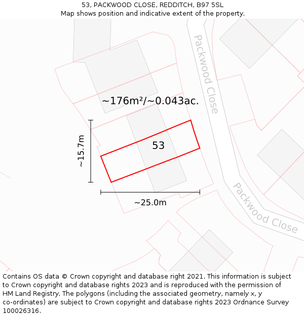 53, PACKWOOD CLOSE, REDDITCH, B97 5SL: Plot and title map