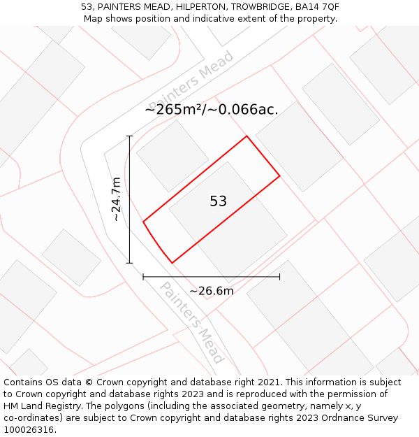 53, PAINTERS MEAD, HILPERTON, TROWBRIDGE, BA14 7QF: Plot and title map