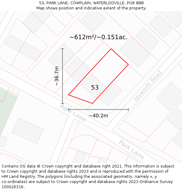 53, PARK LANE, COWPLAIN, WATERLOOVILLE, PO8 8BB: Plot and title map