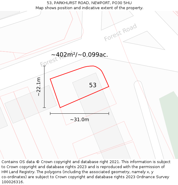 53, PARKHURST ROAD, NEWPORT, PO30 5HU: Plot and title map