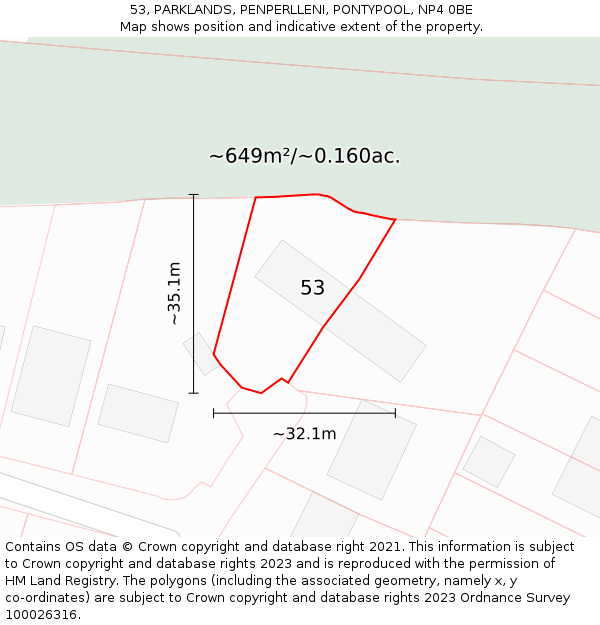 53, PARKLANDS, PENPERLLENI, PONTYPOOL, NP4 0BE: Plot and title map