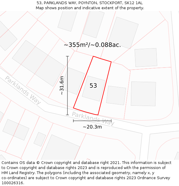 53, PARKLANDS WAY, POYNTON, STOCKPORT, SK12 1AL: Plot and title map
