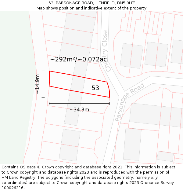 53, PARSONAGE ROAD, HENFIELD, BN5 9HZ: Plot and title map