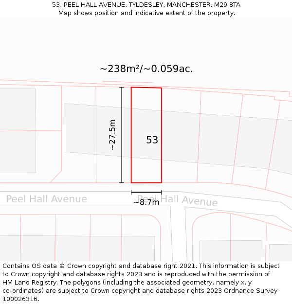 53, PEEL HALL AVENUE, TYLDESLEY, MANCHESTER, M29 8TA: Plot and title map