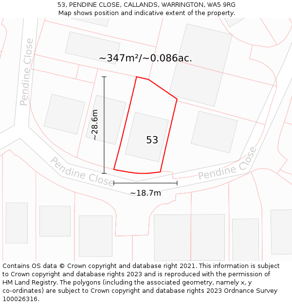 53, PENDINE CLOSE, CALLANDS, WARRINGTON, WA5 9RG: Plot and title map