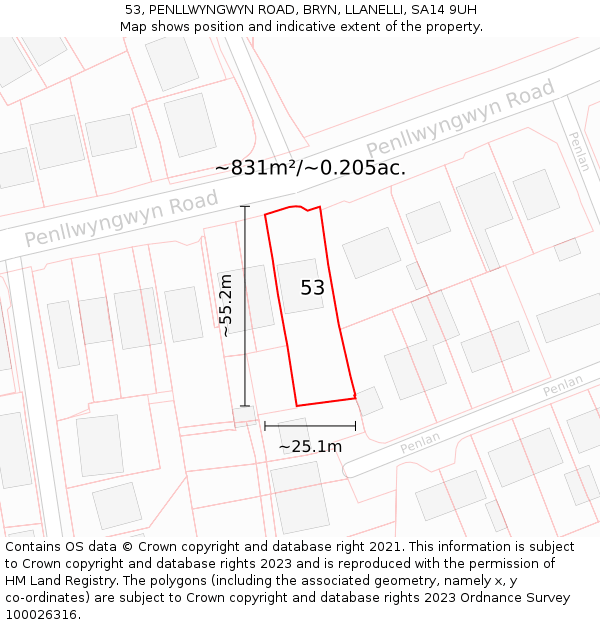 53, PENLLWYNGWYN ROAD, BRYN, LLANELLI, SA14 9UH: Plot and title map