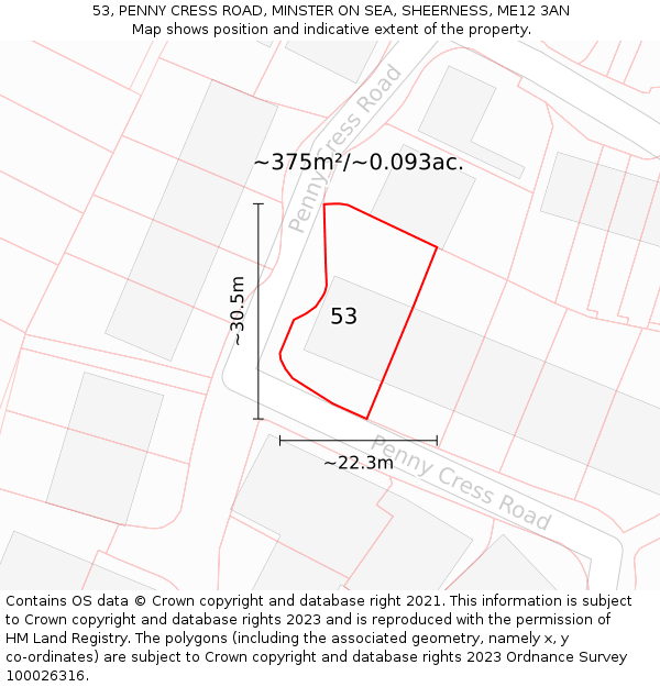53, PENNY CRESS ROAD, MINSTER ON SEA, SHEERNESS, ME12 3AN: Plot and title map