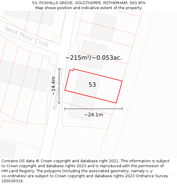 53, PICKHILLS GROVE, GOLDTHORPE, ROTHERHAM, S63 9FN: Plot and title map