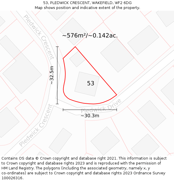 53, PLEDWICK CRESCENT, WAKEFIELD, WF2 6DG: Plot and title map