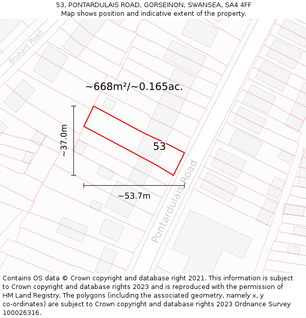 53, PONTARDULAIS ROAD, GORSEINON, SWANSEA, SA4 4FF: Plot and title map