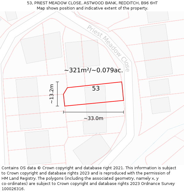 53, PRIEST MEADOW CLOSE, ASTWOOD BANK, REDDITCH, B96 6HT: Plot and title map