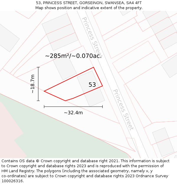 53, PRINCESS STREET, GORSEINON, SWANSEA, SA4 4FT: Plot and title map