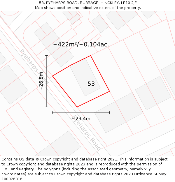 53, PYEHARPS ROAD, BURBAGE, HINCKLEY, LE10 2JE: Plot and title map