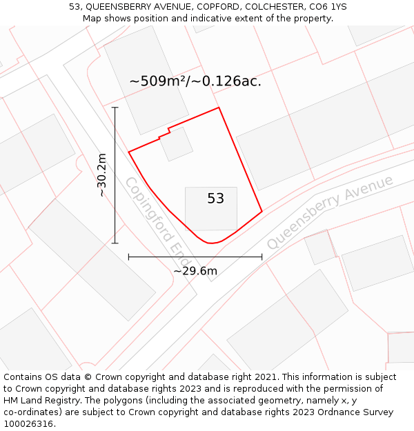 53, QUEENSBERRY AVENUE, COPFORD, COLCHESTER, CO6 1YS: Plot and title map